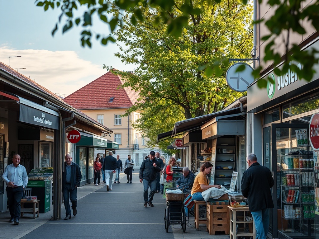 Główna ulica Górowa Iławeckiego z otwartymi sklepami w niedzielę handlową