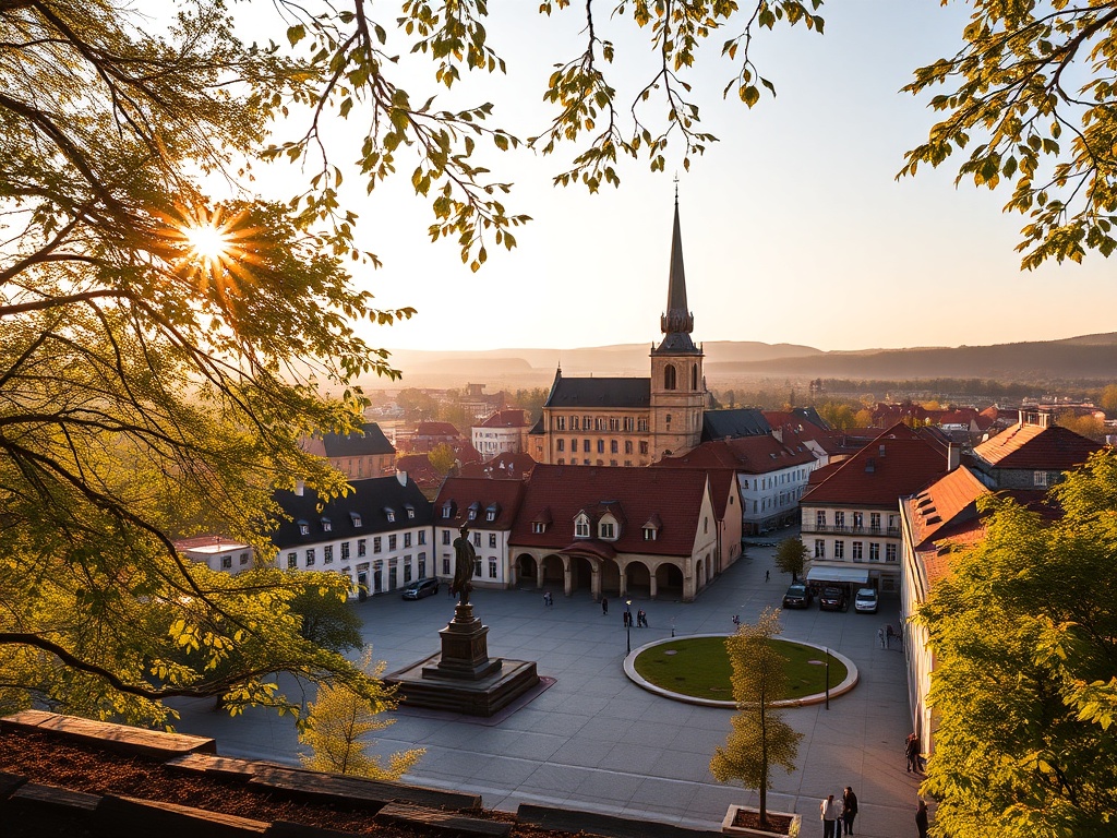 Wiosenny krajobraz Górowa Iławeckiego z zielenią i kwitnącymi drzewami