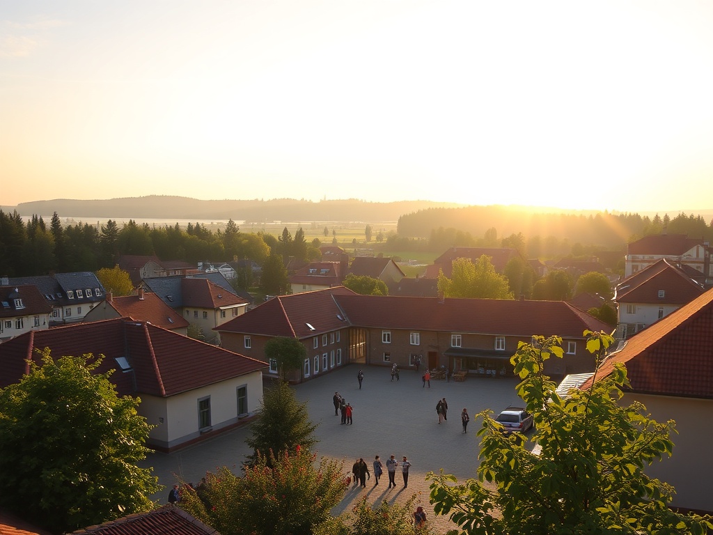 Widok na rynek w Górowie Iławeckim z lokalnymi budynkami i zielenią.