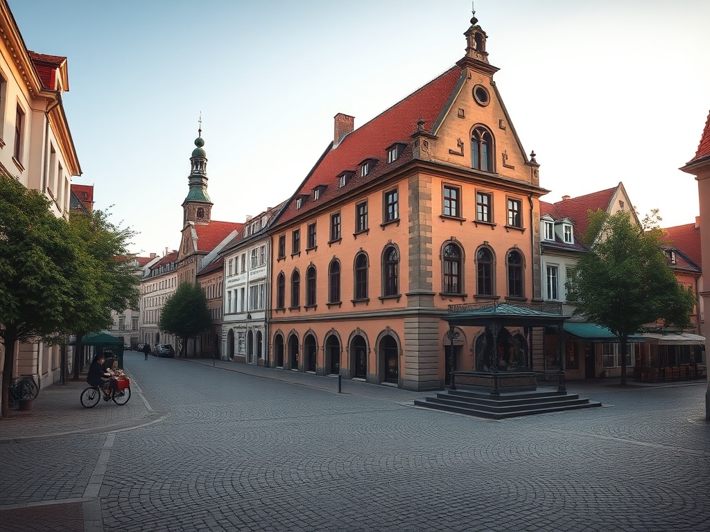 Widok na Rynek w Górowie Iławeckim z otaczającymi go budynkami i elementami miejskiej przestrzeni.
